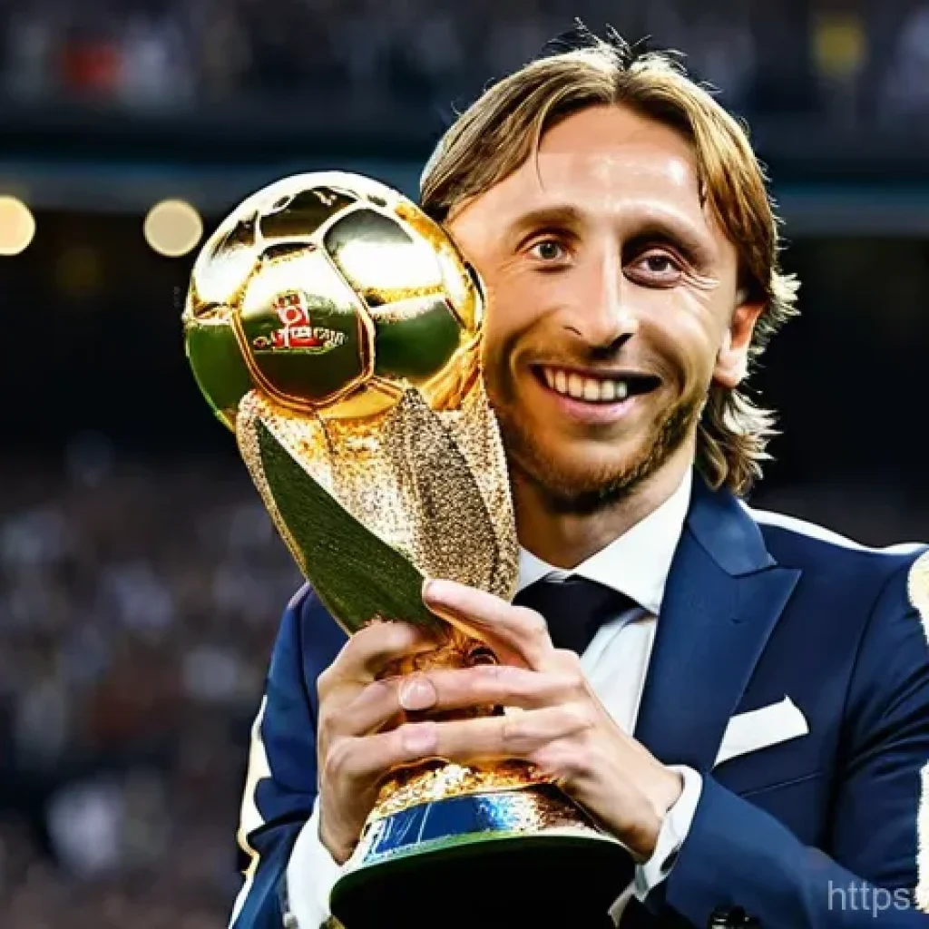 루카 모드리치의 발롱도르 수상 순간 - **Prompt 1: The Golden Reign of Modric's Ballon d'Or**
    A triumphant Luka Modric, elegantly dress...