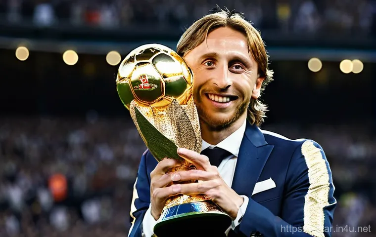 루카 모드리치의 발롱도르 수상 순간 - **Prompt 1: The Golden Reign of Modric's Ballon d'Or**
    A triumphant Luka Modric, elegantly dress...