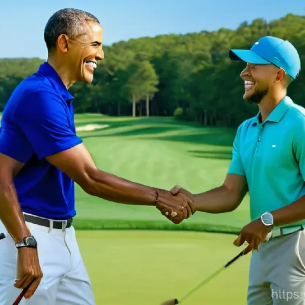 버락 오바마의 스포츠스타 인터뷰 - A vibrant, sunny outdoor scene on a golf course. Barack Obama, dressed in a stylish polo shirt and s...