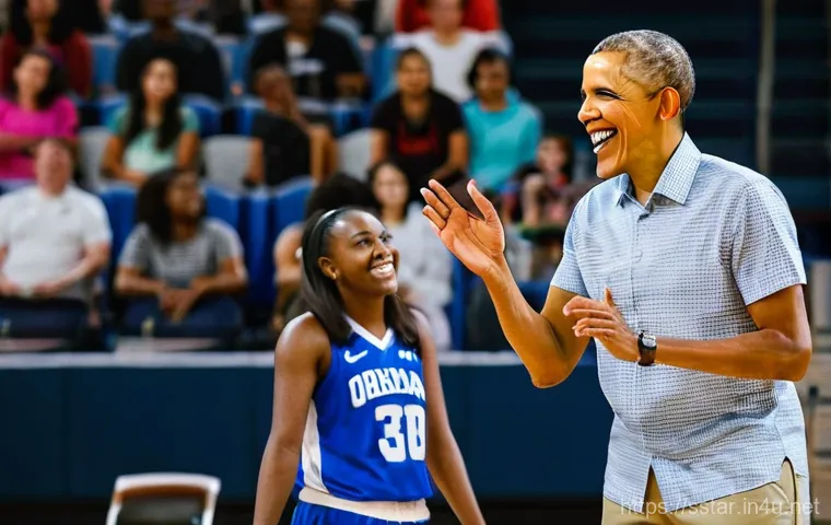 버락 오바마의 스포츠스타 인터뷰 - A vibrant, sunny outdoor scene on a golf course. Barack Obama, dressed in a stylish polo shirt and s...