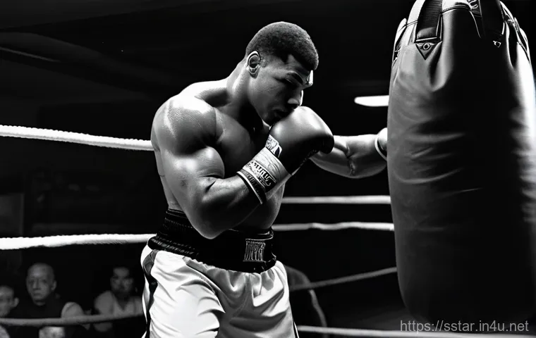 마이크 타이슨 펀치 강도 분석 - A dynamic, action-shot of Mike Tyson, in his prime, delivering an incredibly powerful right hook in ...