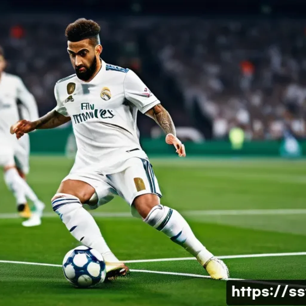 안토니오 루디거의 수비 전략 - A detailed action scene of a professional soccer defender in a Real Madrid jersey skillfully reading...