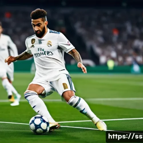 안토니오 루디거의 수비 전략 - A detailed action scene of a professional soccer defender in a Real Madrid jersey skillfully reading...