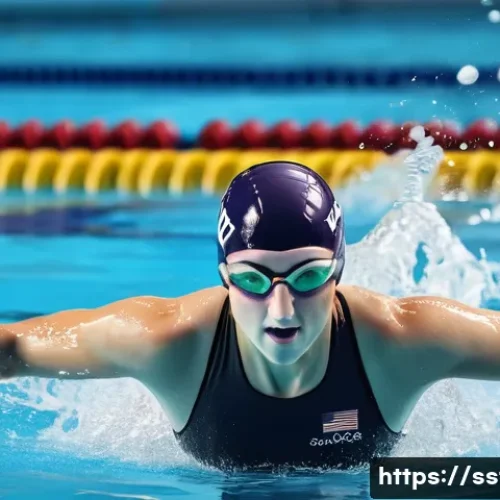 캐티 레데키의 세계 신기록 - A dynamic portrait of Katie Ledecky during an intense swimming training session, wearing a sleek com...