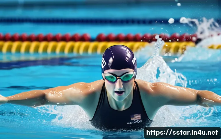 캐티 레데키의 세계 신기록 - A dynamic portrait of Katie Ledecky during an intense swimming training session, wearing a sleek com...