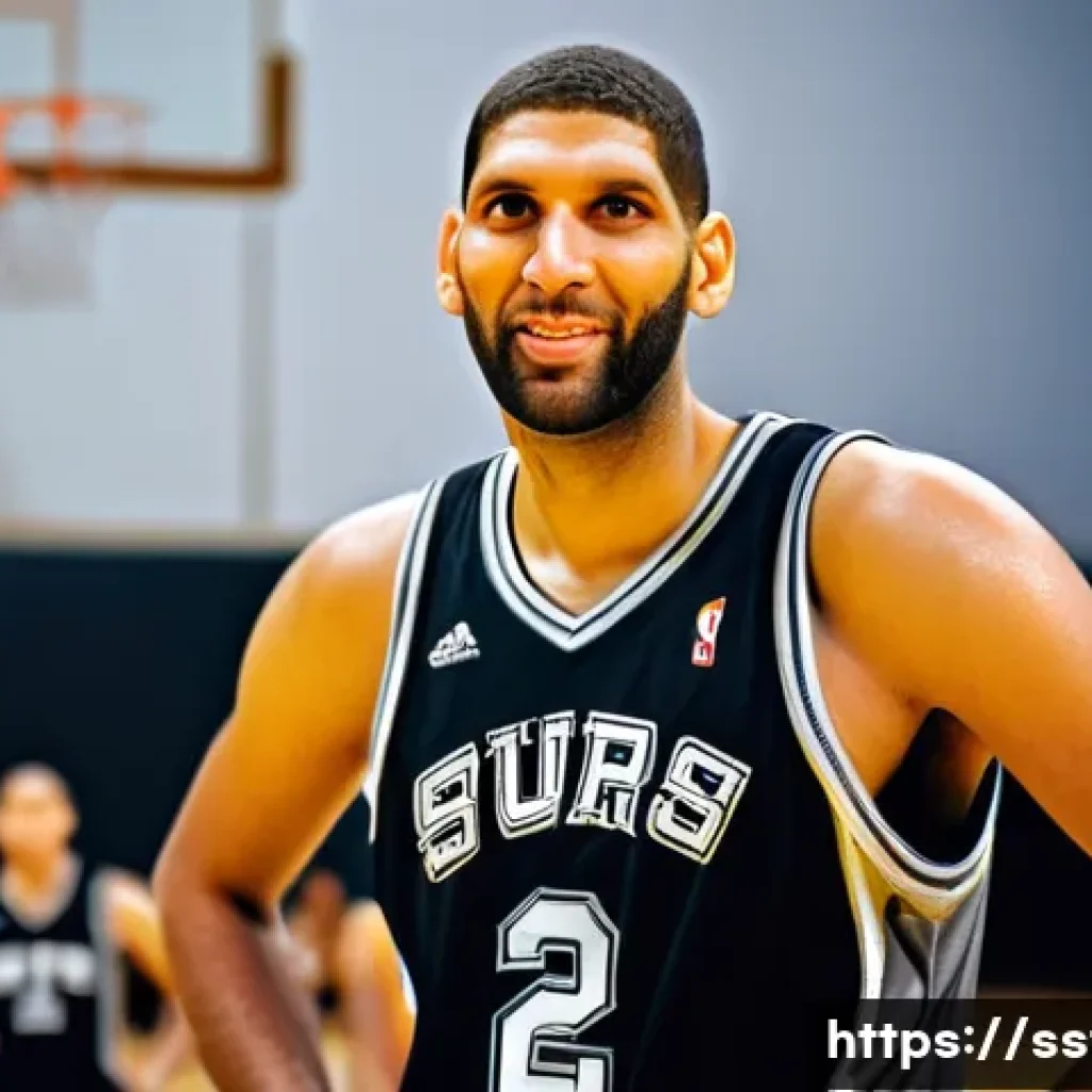 팀 던컨의 리더십 철학 - A portrait of Tim Duncan on a basketball court, exuding quiet charisma and calm leadership, wearing ...