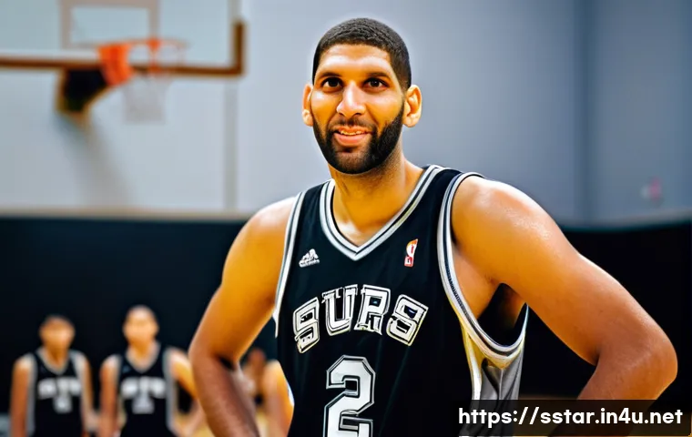 팀 던컨의 리더십 철학 - A portrait of Tim Duncan on a basketball court, exuding quiet charisma and calm leadership, wearing ...