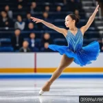 사라 휴즈 올림픽 금메달 획득 - A focused female figure skater in a sparkling blue costume performing a flawless triple toe loop jum...