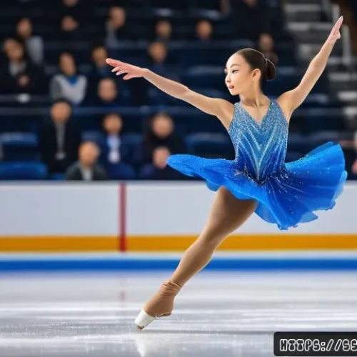 사라 휴즈 올림픽 금메달 획득 - A focused female figure skater in a sparkling blue costume performing a flawless triple toe loop jum...