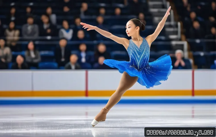 사라 휴즈 올림픽 금메달 획득 - A focused female figure skater in a sparkling blue costume performing a flawless triple toe loop jum...