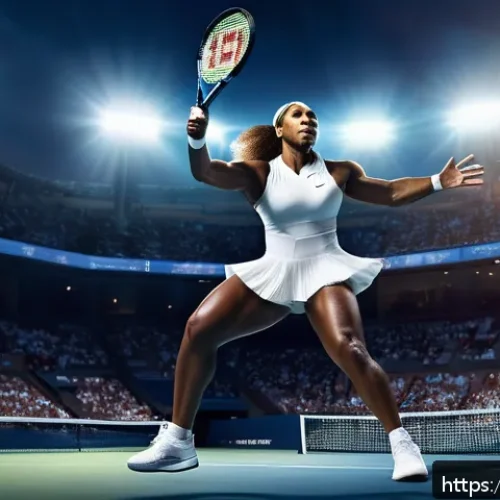 세레나 윌리엄스 은퇴 스토리 - A powerful and dynamic portrait of Serena Williams on a tennis court, mid-serve with intense focus a...