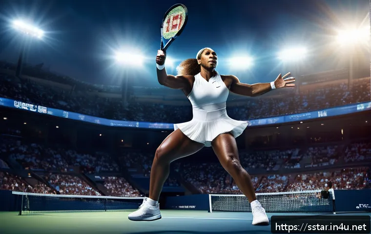 세레나 윌리엄스 은퇴 스토리 - A powerful and dynamic portrait of Serena Williams on a tennis court, mid-serve with intense focus a...