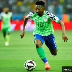 아메드 무사의 월드컵 해트트릭 - A dynamic action shot of Ahmed Musa sprinting powerfully down the football pitch during a World Cup ...