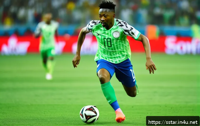 아메드 무사의 월드컵 해트트릭 - A dynamic action shot of Ahmed Musa sprinting powerfully down the football pitch during a World Cup ...