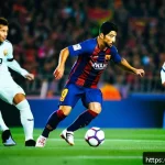 수아레스의 바르셀로나 퇴단 사건 - A dynamic soccer scene featuring Luis Suarez in a Barcelona jersey from 2014, skillfully dribbling p...