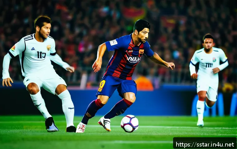 수아레스의 바르셀로나 퇴단 사건 - A dynamic soccer scene featuring Luis Suarez in a Barcelona jersey from 2014, skillfully dribbling p...