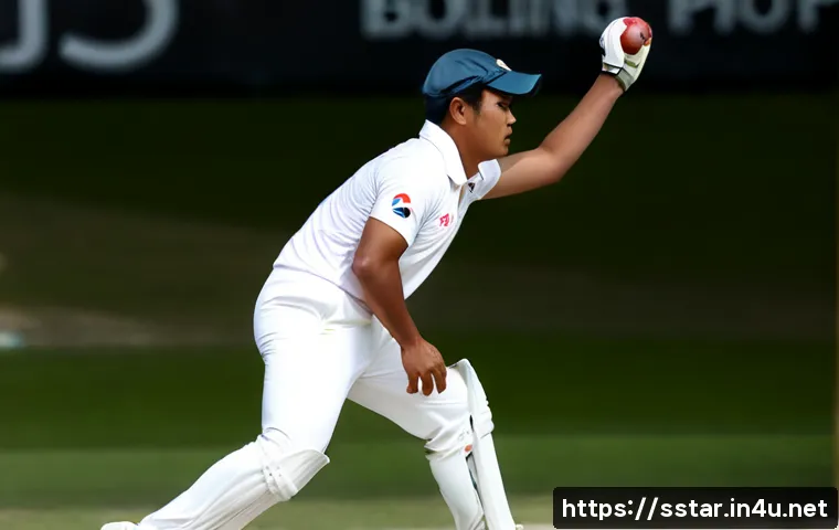 브렛 리의 스피드 볼 비결 - Photorealistic cricket fast bowler in plain white uniform delivering a powerful overarm ball on a su...